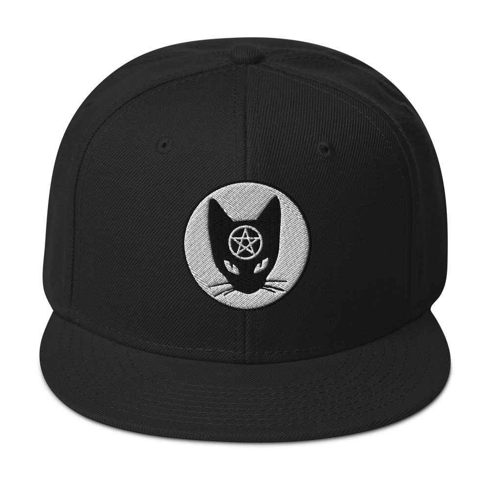 Black Cat Wiccan Pentagram Embroidered Flat Bill Cap embroidered snapback hat, product image 4