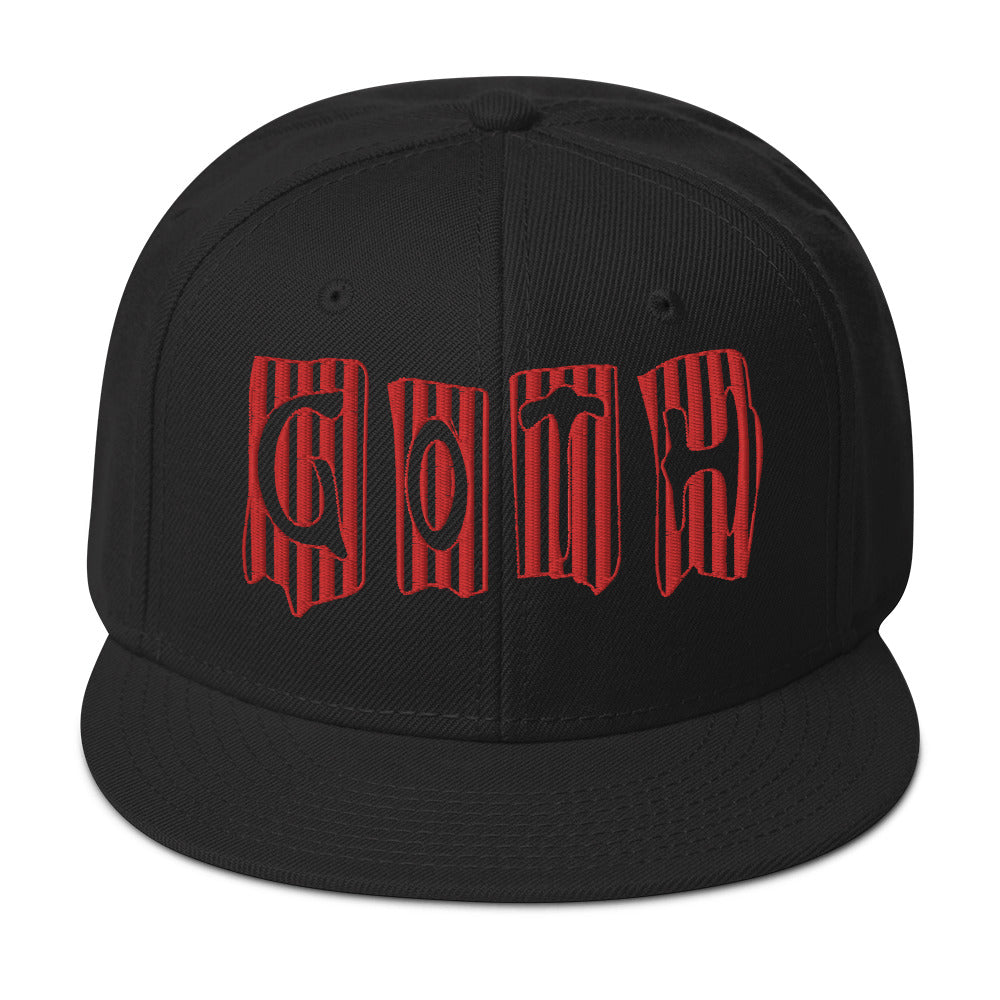 Black and Red Vertical Stripe Goth Embroidered Flat Bill Cap embroidered snapback hat, product image 4