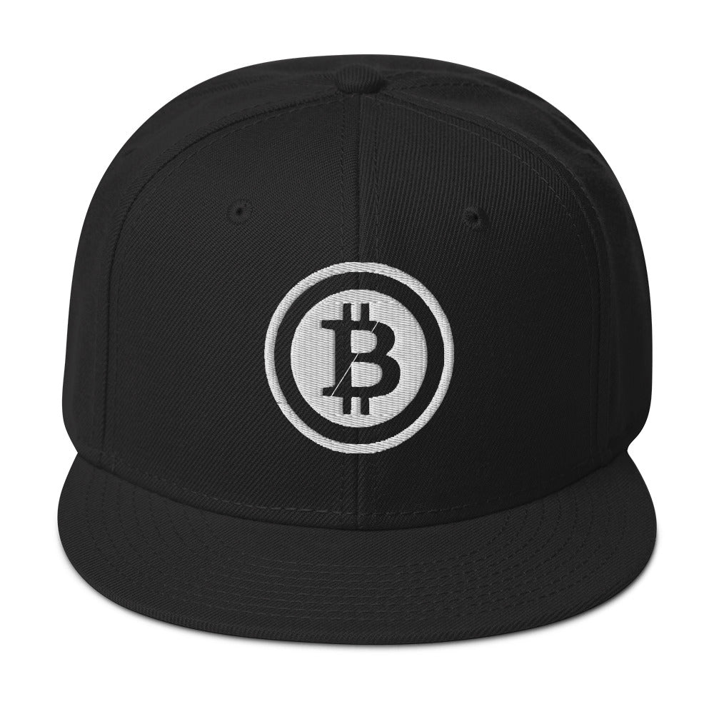White Bitcoin Crypto Currency Symbol Ticker Embroidered Flat Bill Cap Snapback Hat