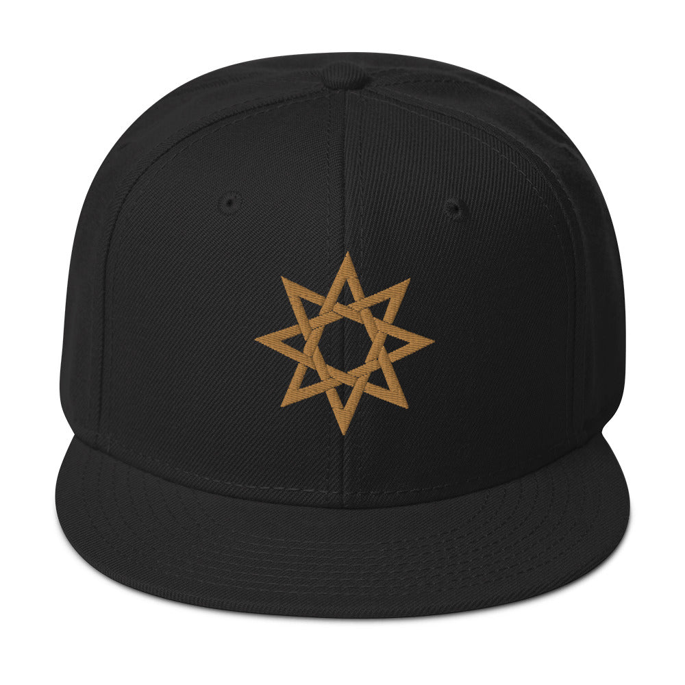 Gold 8 Point Star Octagram Anu God Embroidered Flat Bill Cap embroidered snapback hat, product image 1