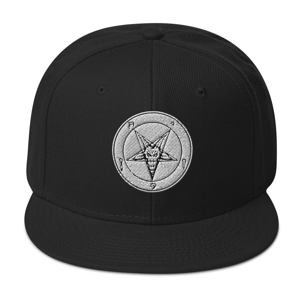 White Baphomet Sigil Snapback – Occult Satanic Flat Bill Hat, Gothic Dark Aesthetic, Alt Streetwear Embroidered Cap embroidered snapback hat, product image 1
