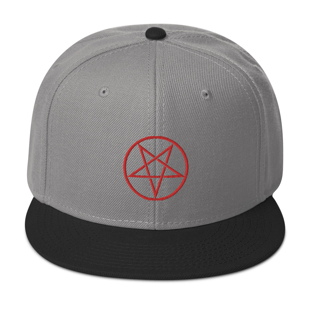 Red Woven Inverted Pentagram Symbol Embroidered Flat Bill Cap Snapback Hat