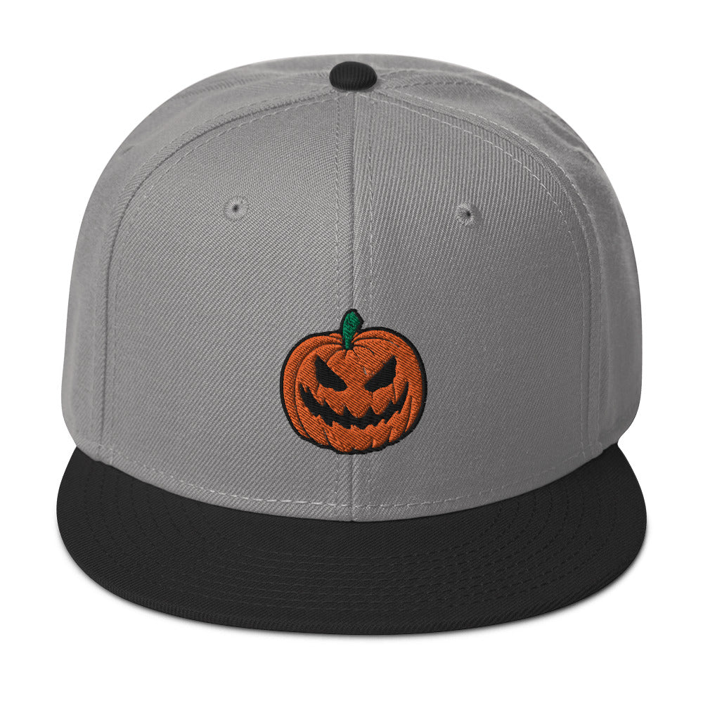 Scary Jack O Lantern Halloween Pumpkin Embroidered Flat Bill Cap Snapback Hat
