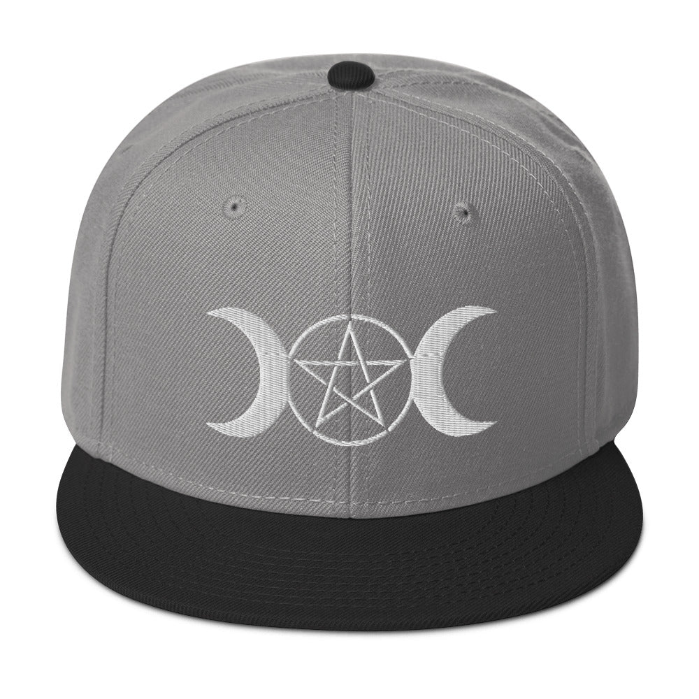 White Pagan Triple Moon Goddess Embroidered Flat Bill Cap Snapback Hat