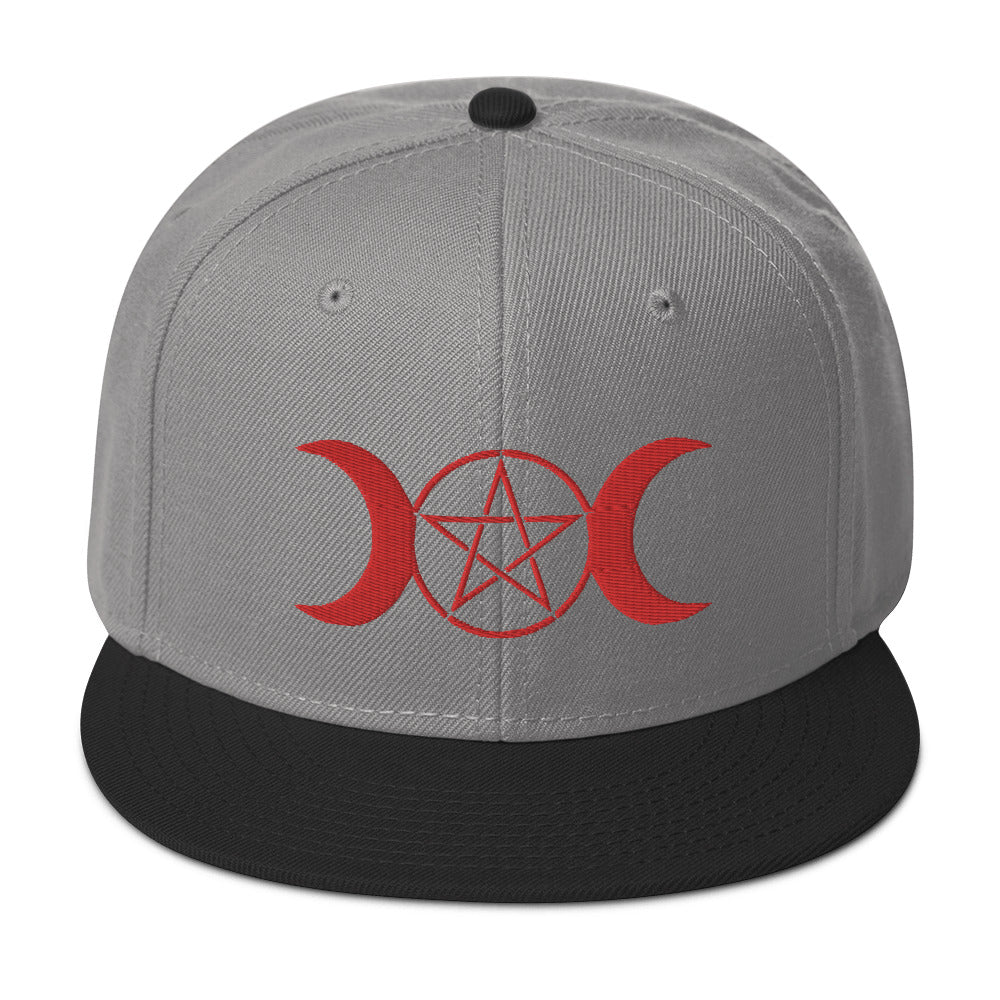 Red Pagan Triple Moon Goddess Embroidered Flat Bill Cap Snapback Hat