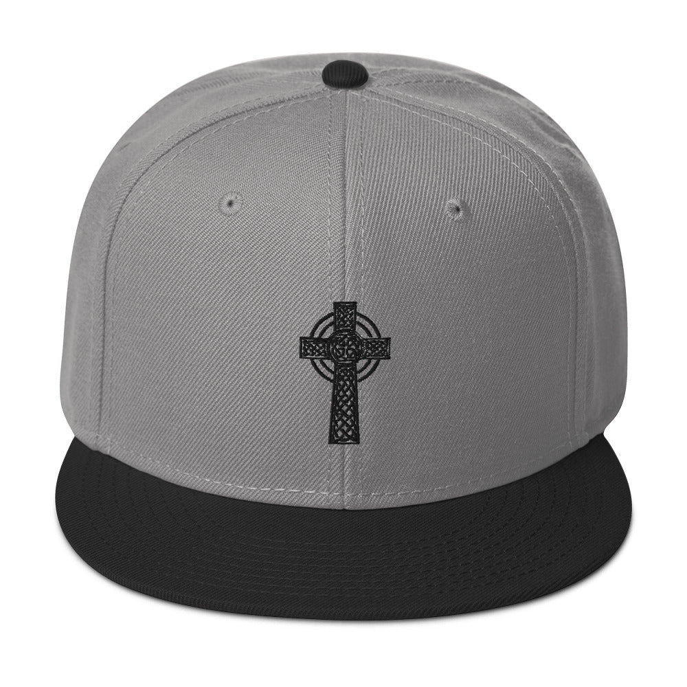 Black Old Celtic Cross Circle of Light Embroidered Flat Bill Cap Snapback Hat