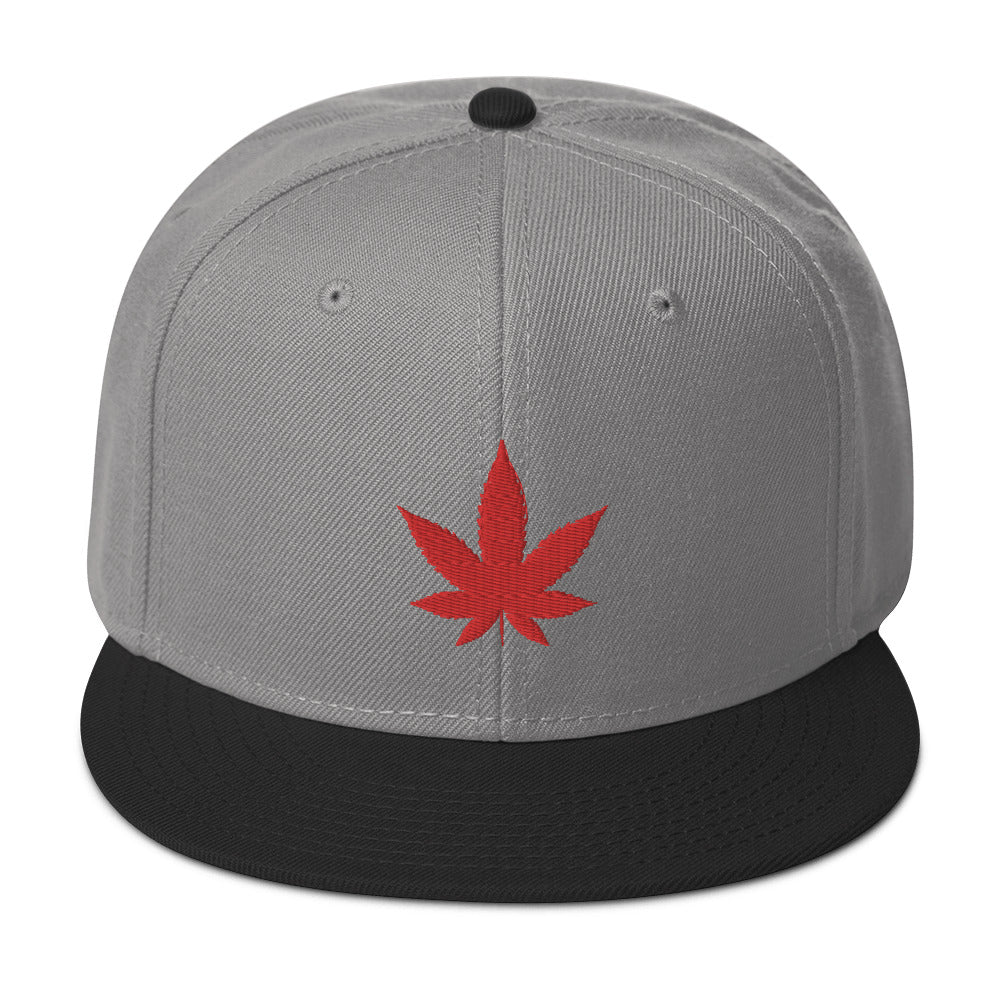 Red Marijuana Leaf Cannabis Plant Embroidered Flat Bill Cap Snapback Hat