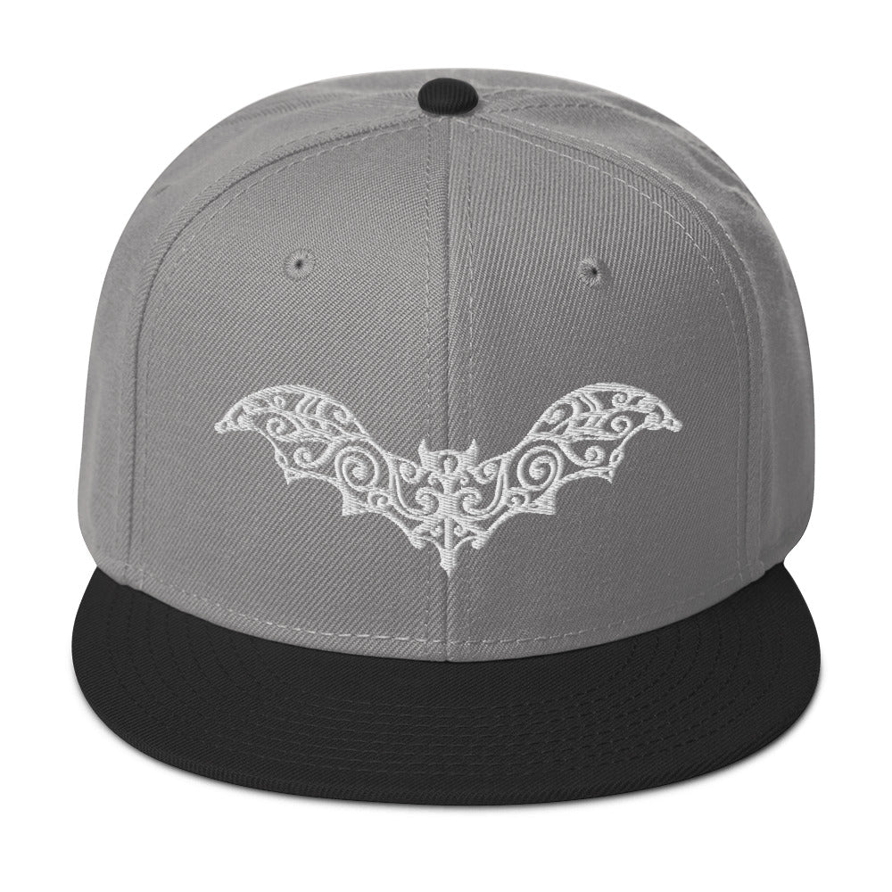 White Gothic Vine Wrought Iron Bat Embroidered Flat Bill Cap Snapback Hat
