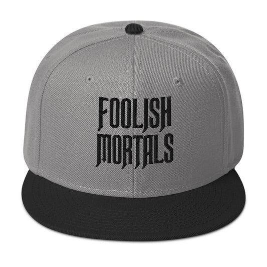 Black Foolish Mortals Haunted Mansion Embroidered Flat Bill Cap embroidered snapback hat, product image 1
