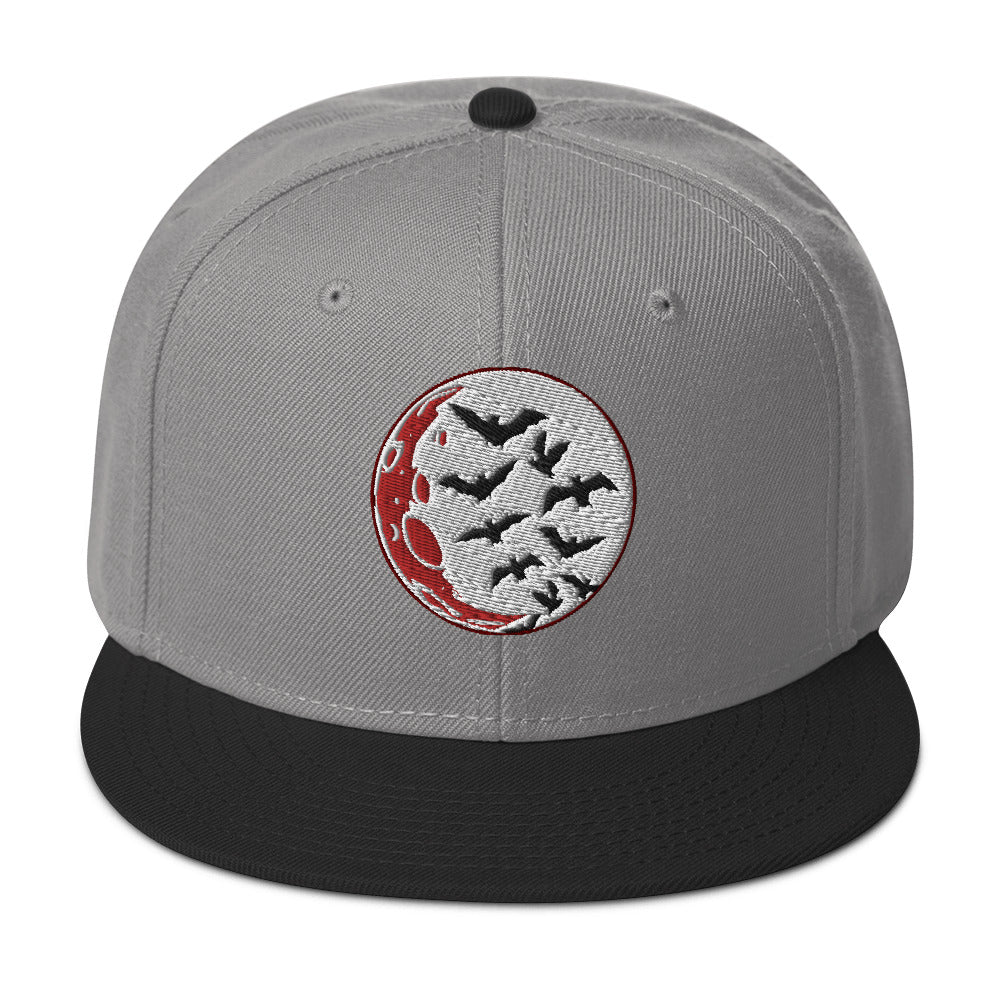 Flying Bats over a Blood Moon Embroidered Flat Bill Cap Snapback Hat