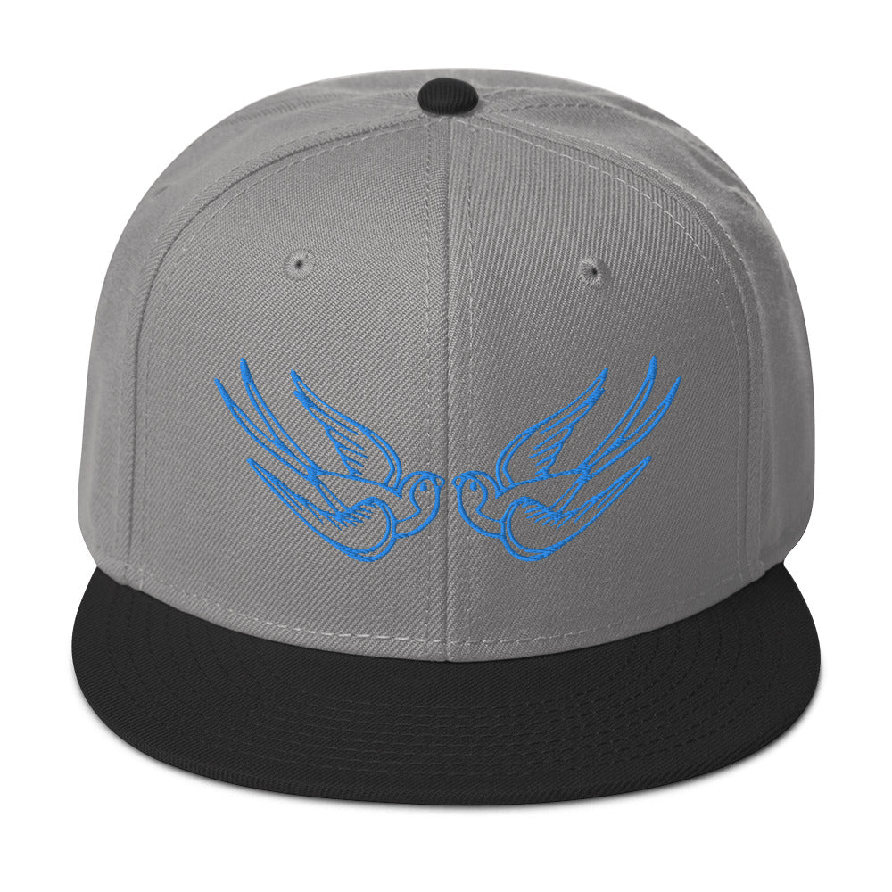 Blue Falling Sparrows Tattoo Style Bird Embroidered Flat Bill Cap Snapback Hat