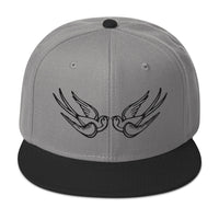 Black Falling Sparrows Tattoo Style Bird Embroidered Flat Bill Cap embroidered snapback hat, product image 1