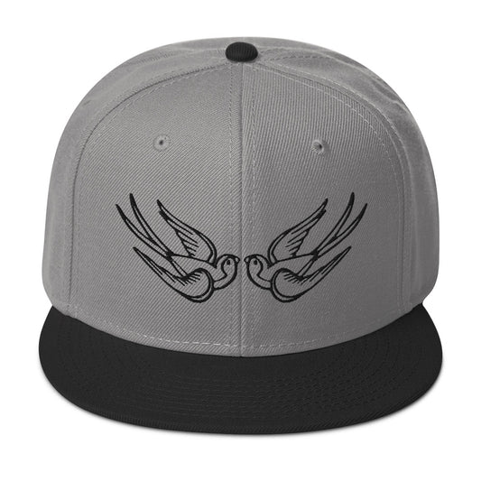Black Falling Sparrows Tattoo Style Bird Embroidered Flat Bill Cap embroidered snapback hat, product image 1