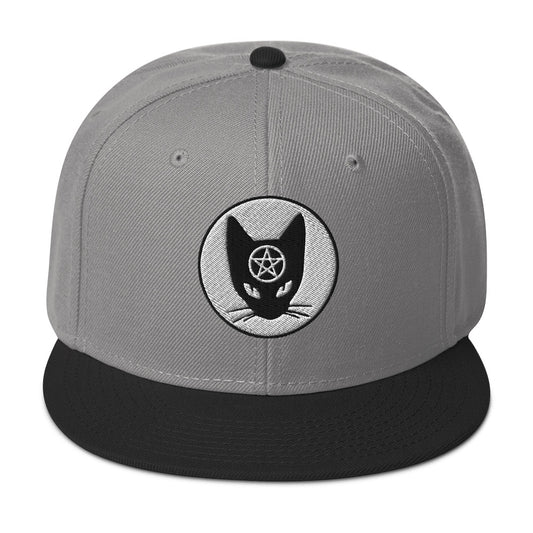 Black Cat Wiccan Pentagram Embroidered Flat Bill Cap embroidered snapback hat, product image 1