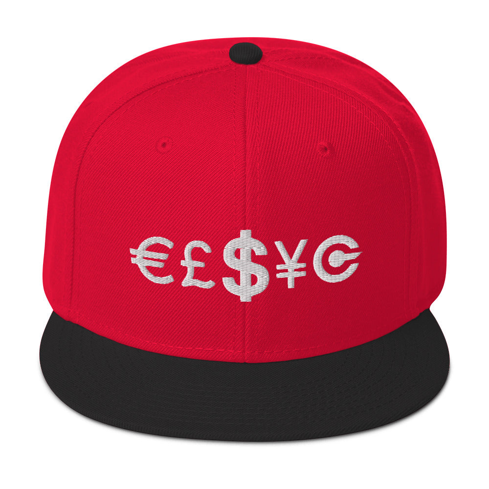 Money is Power Dollar Euro Pound Yen Crypto Embroidered Flat Bill Cap Snapback Hat