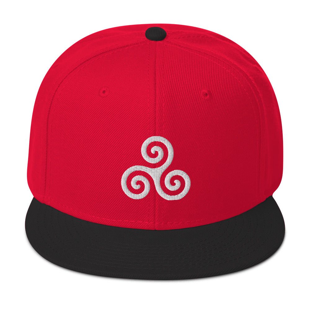 White Triskelion or Triskeles Spiral Embroidered Flat Bill Cap Snapback Hat