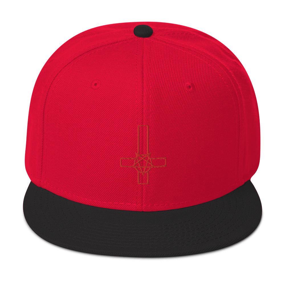 Red Pentacross Inverted Pentagram Cross Embroidered Flat Bill Cap Snapback Hat