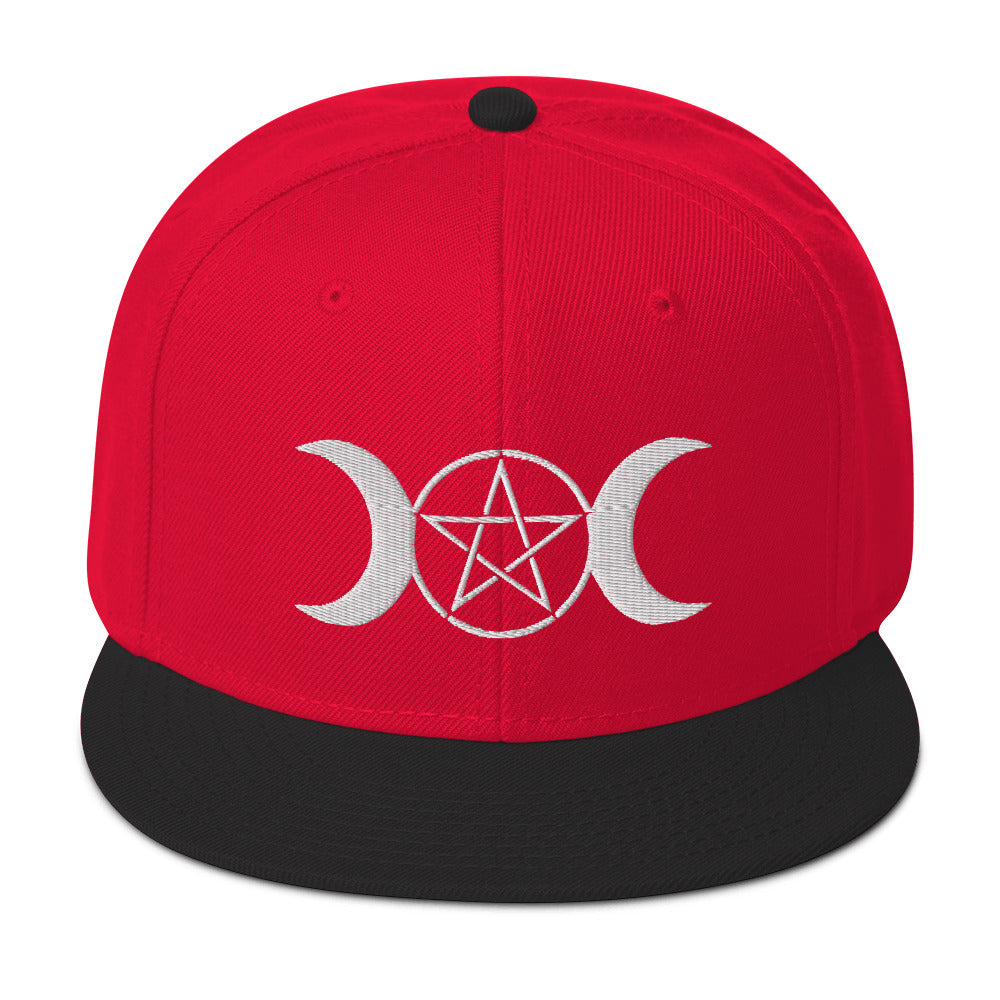 White Pagan Triple Moon Goddess Embroidered Flat Bill Cap Snapback Hat