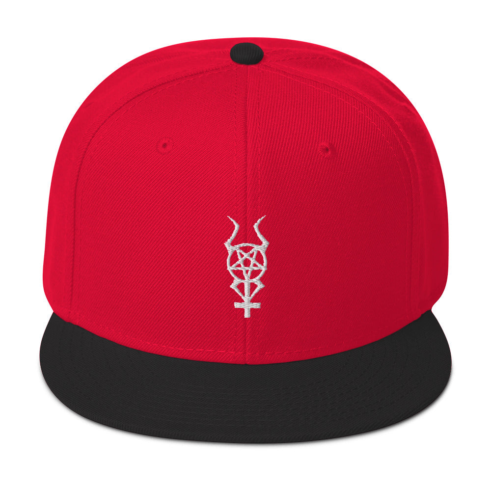 White Horned Inverted Cross Pentagram Embroidered Flat Bill Cap Snapback Hat