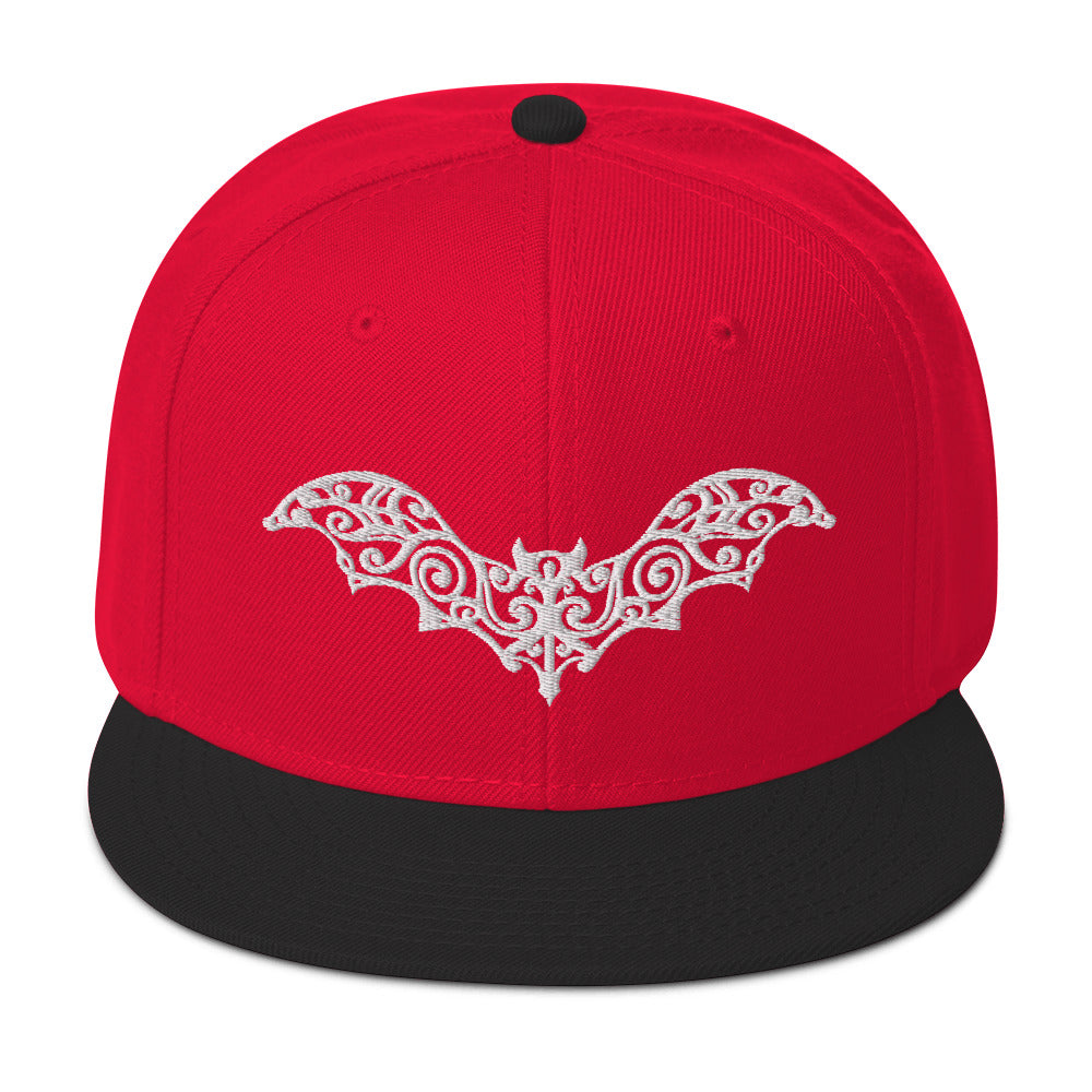 White Gothic Vine Wrought Iron Bat Embroidered Flat Bill Cap Snapback Hat