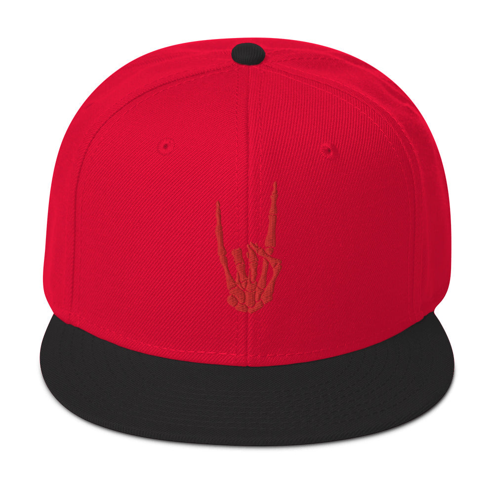 Red Bone Hand Devil Horns Metal Sign Embroidered Flat Bill Cap Snapback Hat