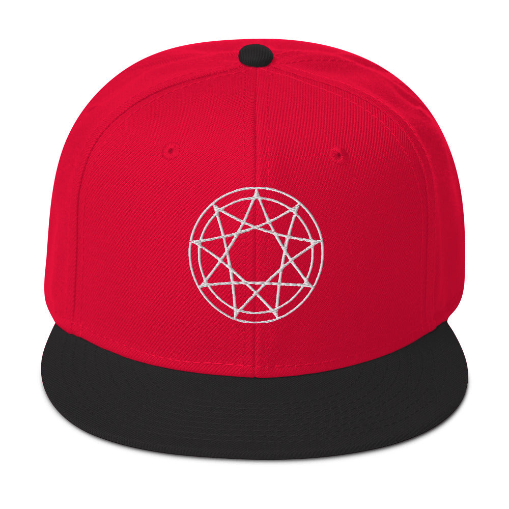 White 9 Point Star Pentagram Occult Symbol Embroidered Flat Bill Cap Snapback Hat