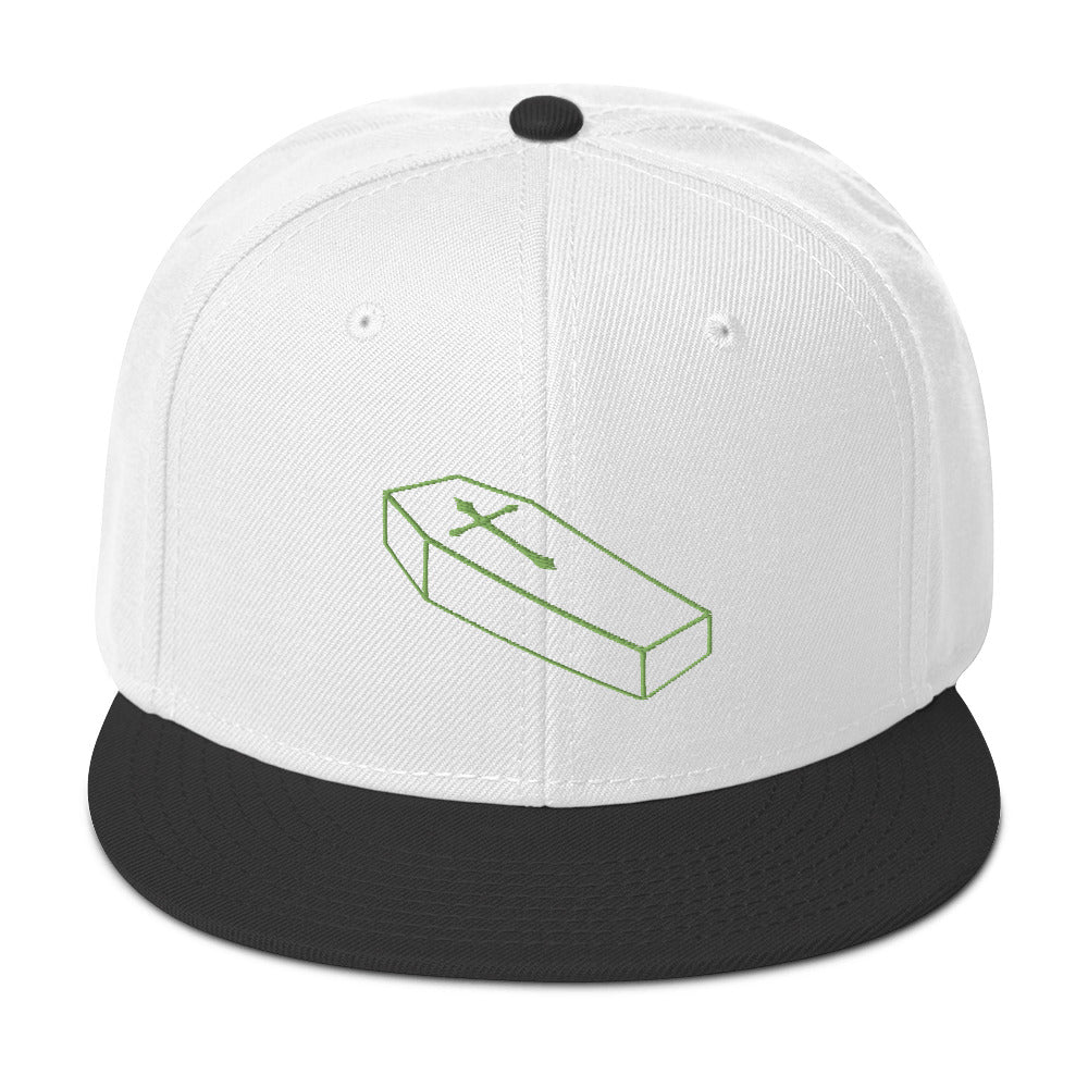Green Toe Pincher Coffin with Cross Embroidered Flat Bill Cap Snapback Hat