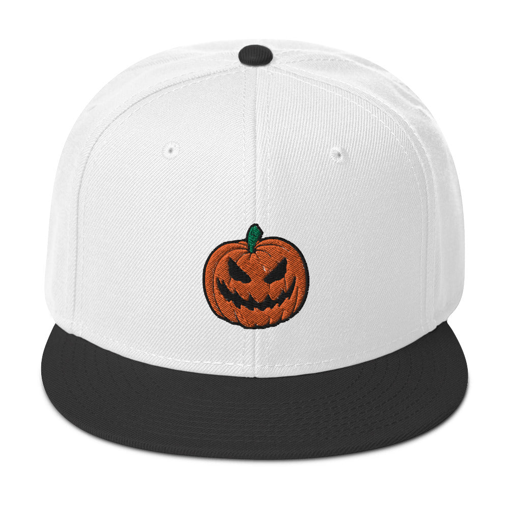 Scary Jack O Lantern Halloween Pumpkin Embroidered Flat Bill Cap Snapback Hat