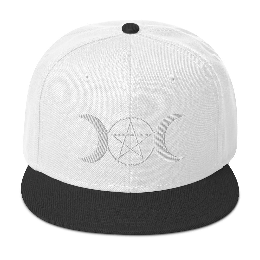 White Pagan Triple Moon Goddess Embroidered Flat Bill Cap Snapback Hat