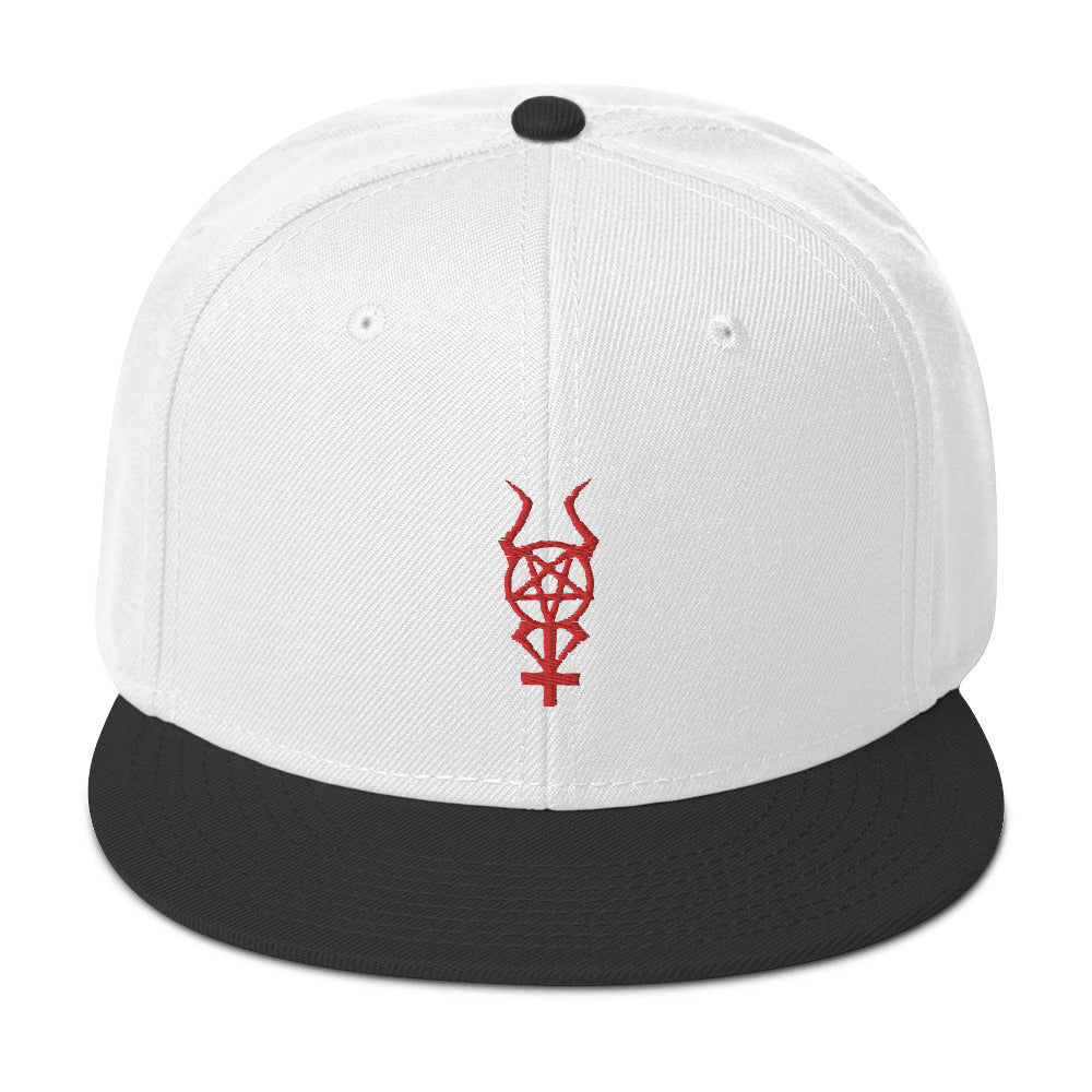 Red Horned Inverted Cross Pentagram Embroidered Flat Bill Cap Snapback Hat