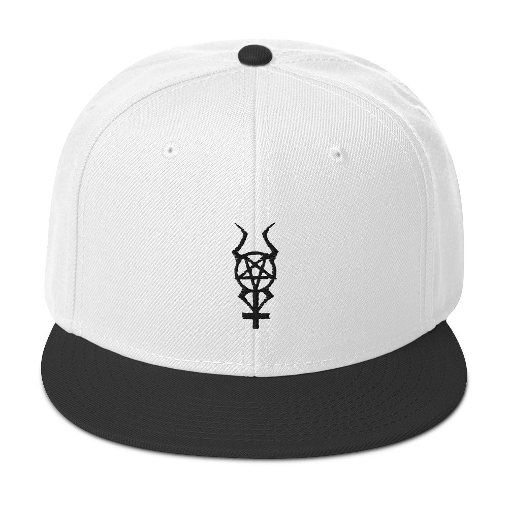 Black Horned Inverted Cross Pentagram Embroidered Flat Bill Cap Snapback Hat