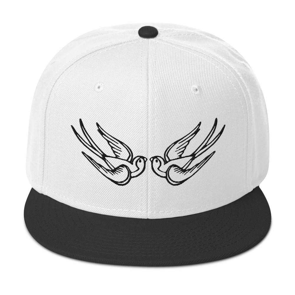 Black Falling Sparrows Tattoo Style Bird Embroidered Flat Bill Cap Snapback Hat