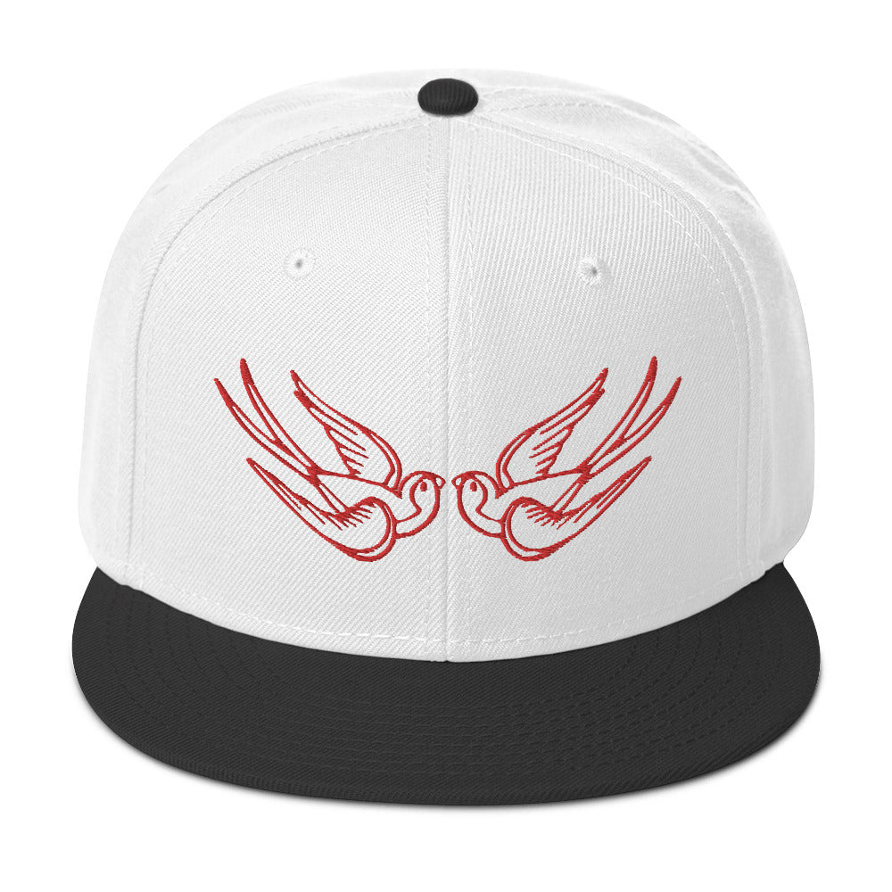 Red Falling Sparrows Tattoo Style Bird Embroidered Flat Bill Cap Snapback Hat