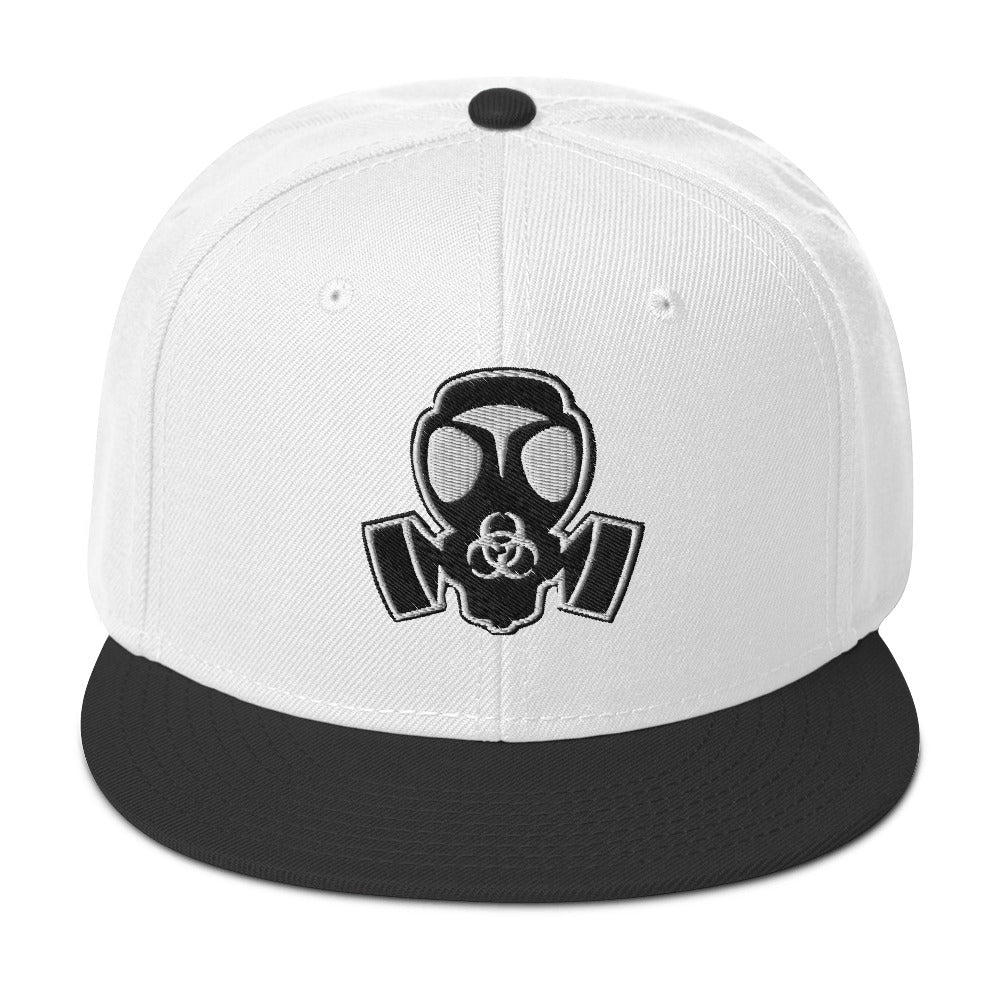 White Bio Hazard Gas Mask Embroidered Flat Bill Cap Snapback Hat