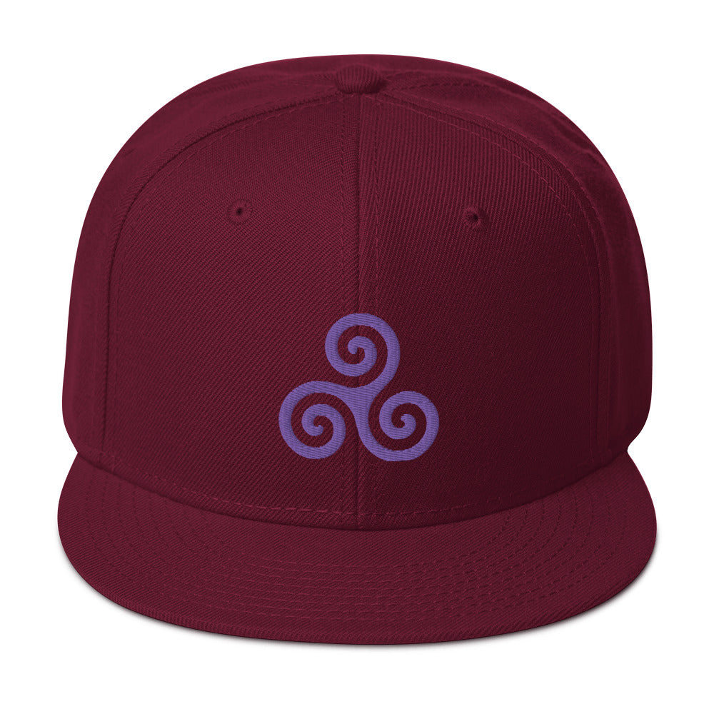 Purple Triskelion or Triskeles Spiral Embroidered Flat Bill Cap Snapback Hat