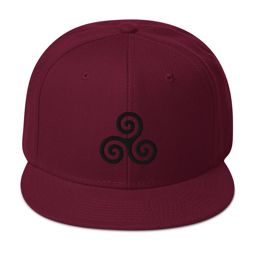 Black Triskelion or Triskeles Spiral Embroidered Flat Bill Cap Snapback Hat