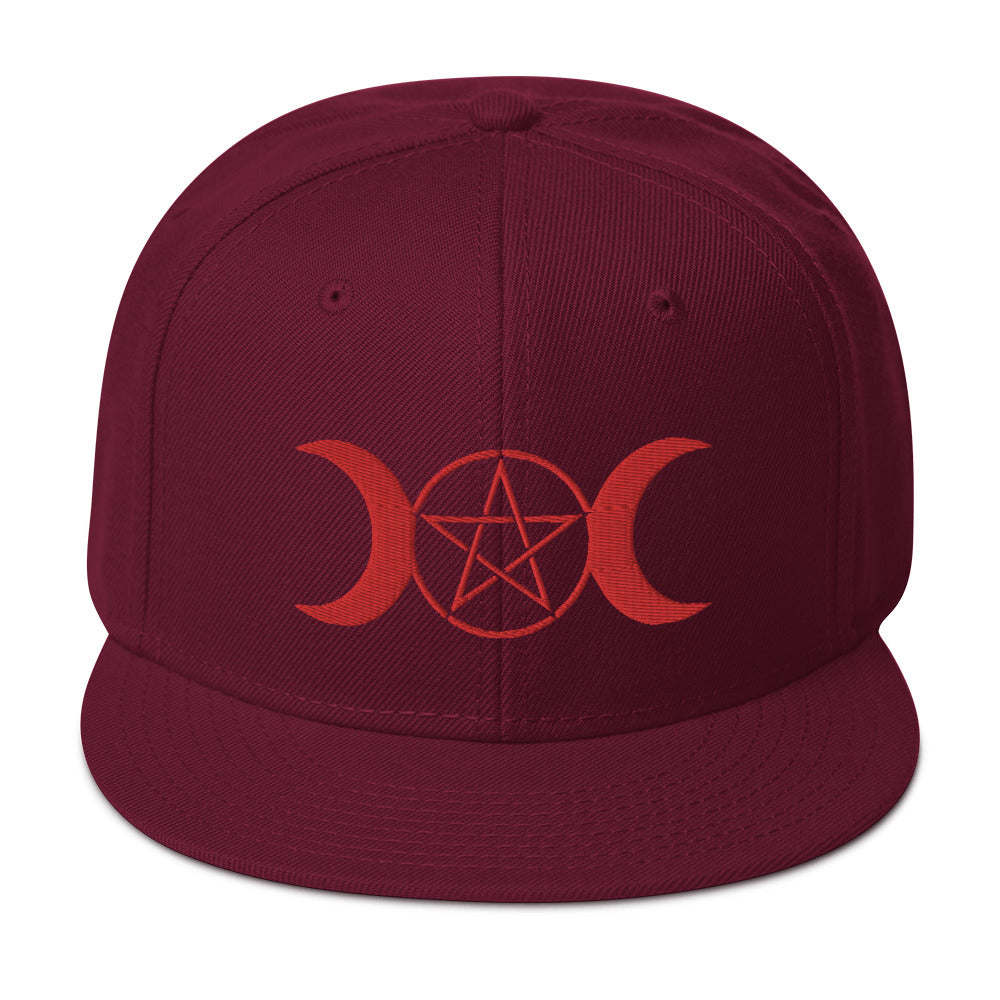 Red Pagan Triple Moon Goddess Embroidered Flat Bill Cap Snapback Hat