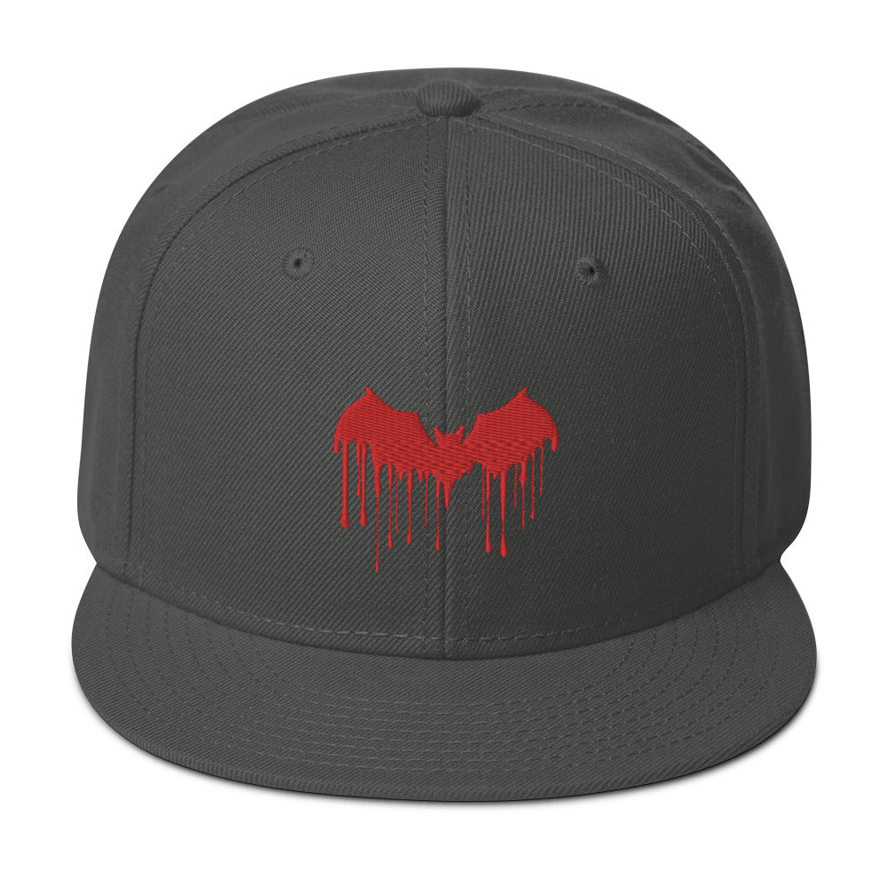 Red Vampire Bat Blood Drip Embroidered Flat Bill Cap Snapback Hat