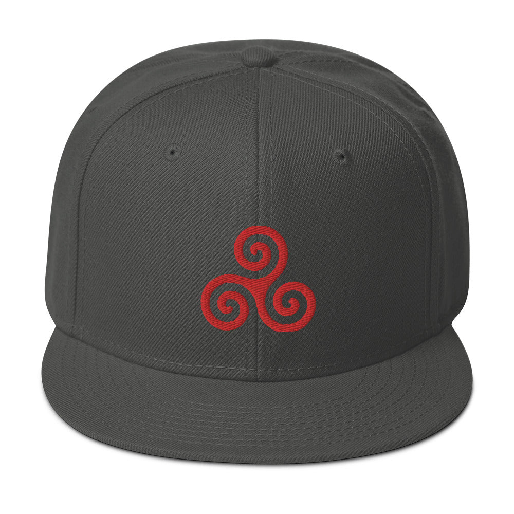 Red Triskelion or Triskeles Spiral Embroidered Flat Bill Cap Snapback Hat