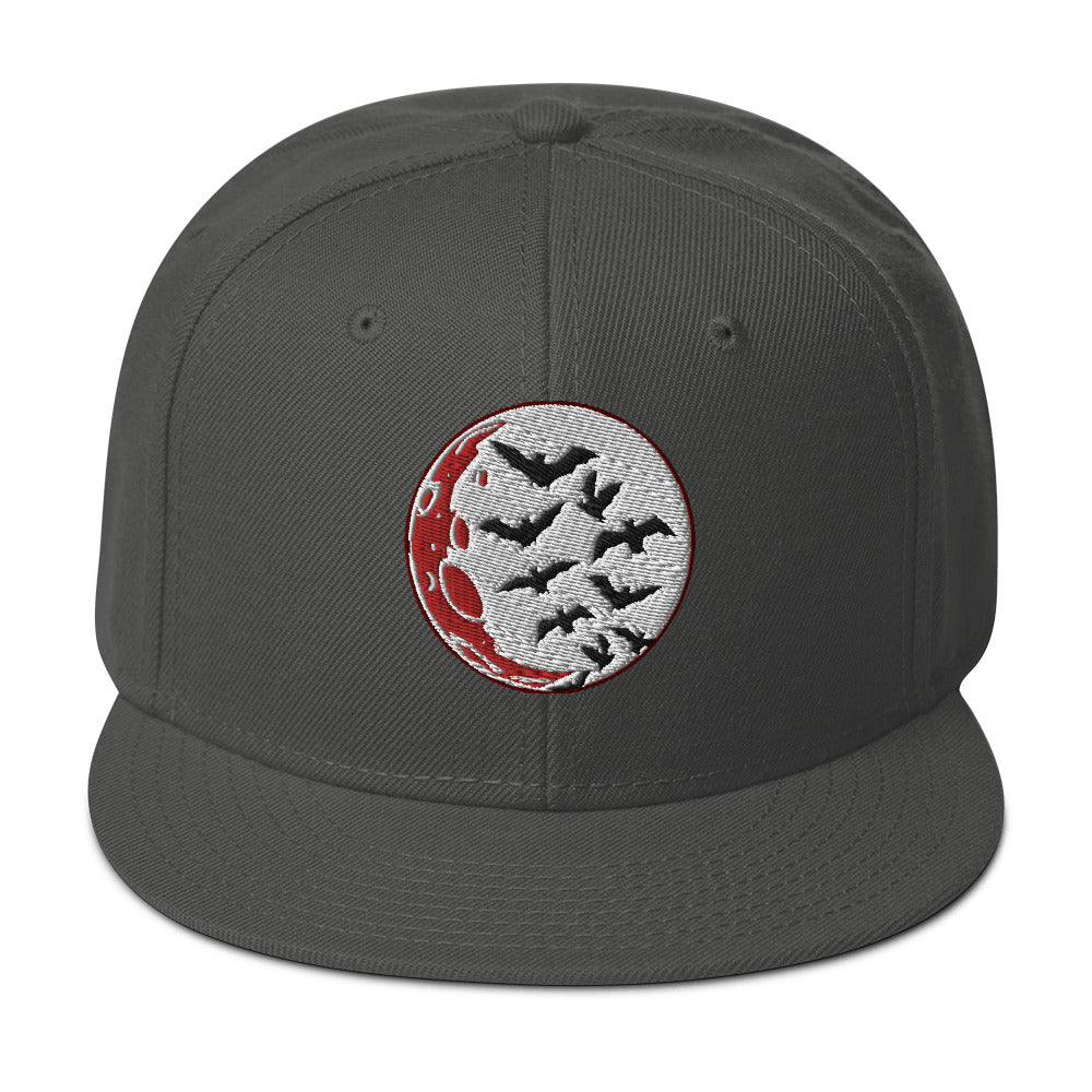 Flying Bats over a Blood Moon Embroidered Flat Bill Cap Snapback Hat