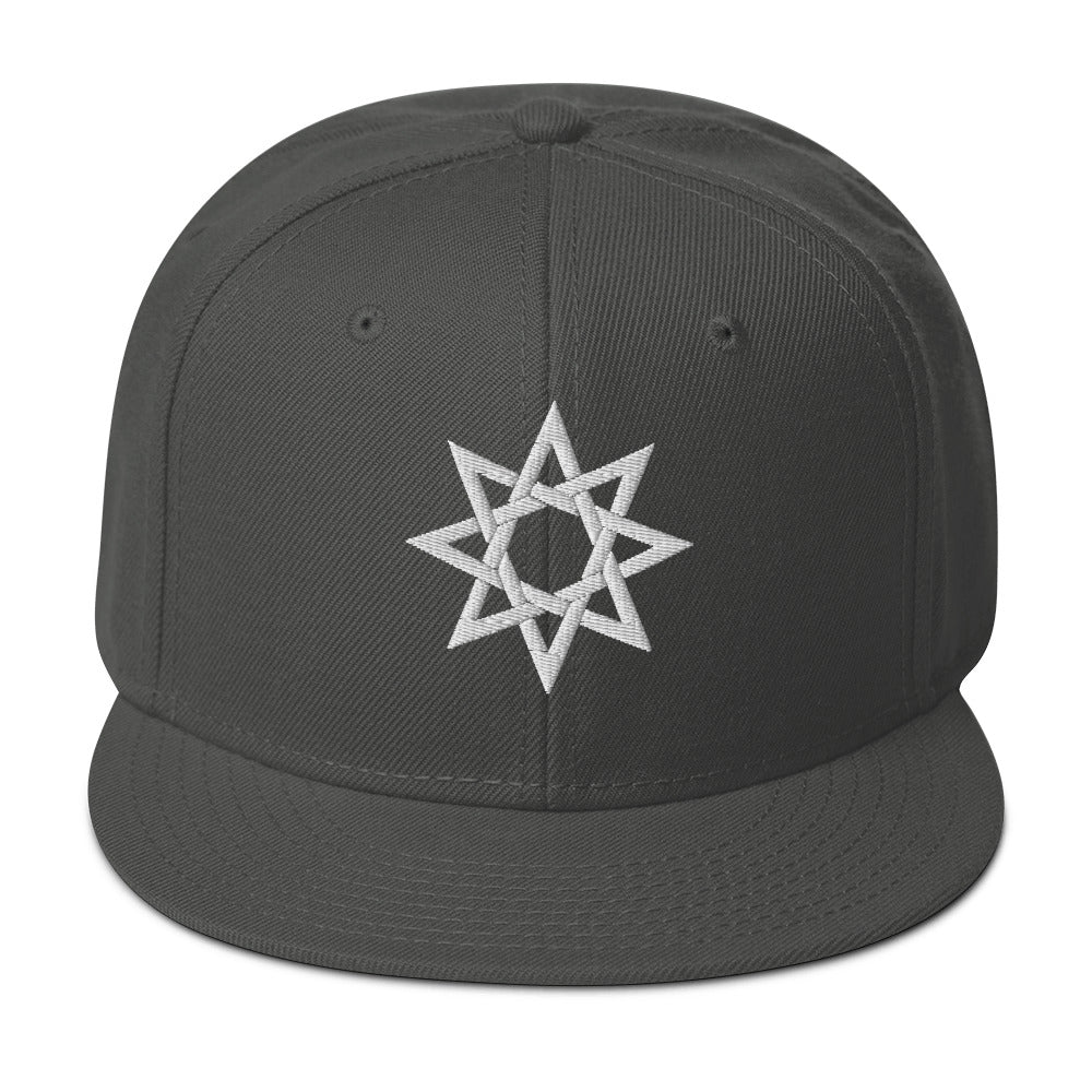 White 8 Point Star Octagram Anu God Embroidered Flat Bill Cap Snapback Hat