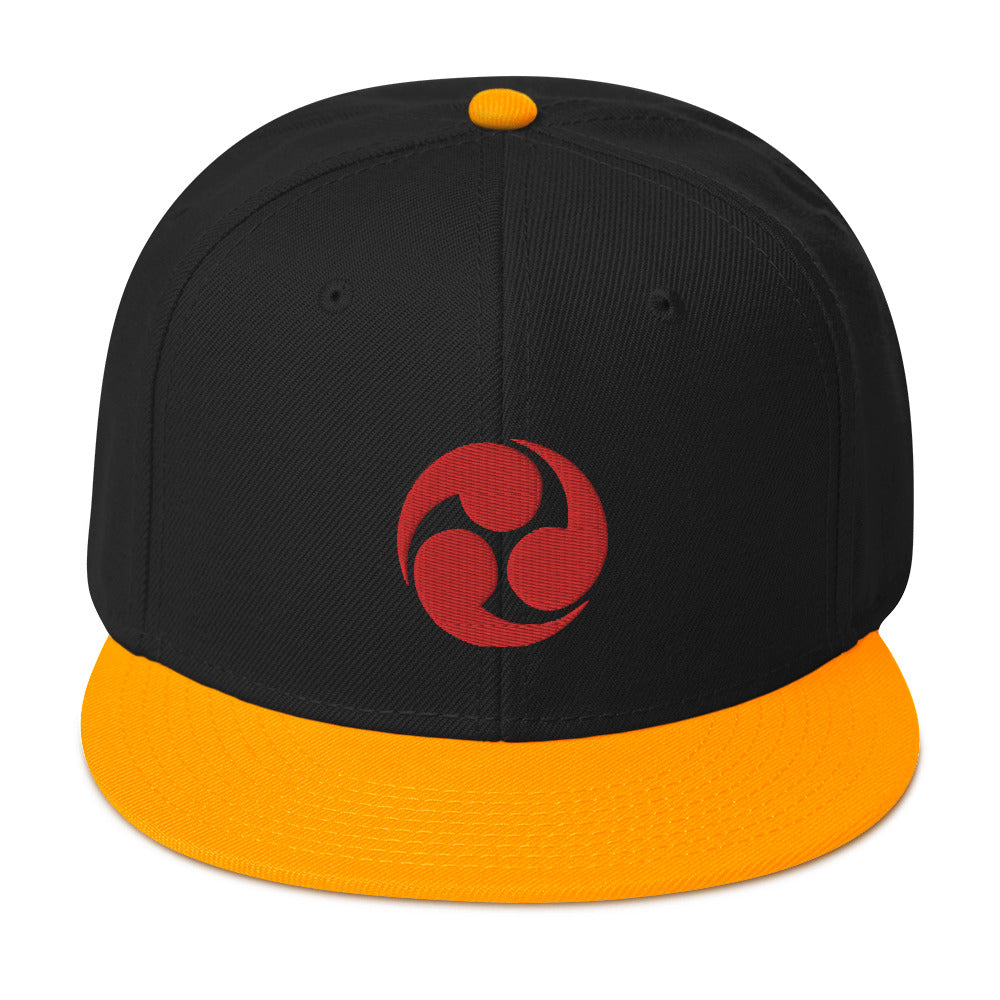 Red Tomoe Mitsudomoe Japanese Symbol Embroidered Flat Bill Cap Snapback Hat
