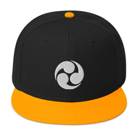 White Tomoe Mitsudomoe Japanese Symbol Embroidered Flat Bill Cap embroidered snapback hat, product image 16