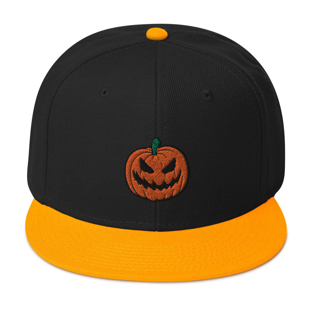 Scary Jack O Lantern Halloween Pumpkin Embroidered Flat Bill Cap Snapback Hat