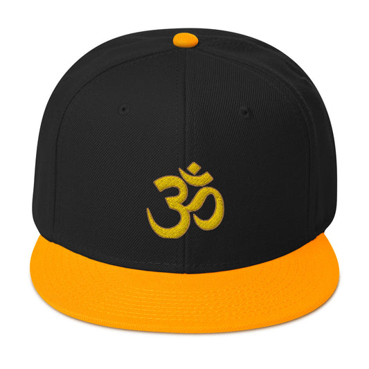Yellow OM Sacred Spiritual Symbol Embroidered Flat Bill Cap embroidered snapback hat, product image 1