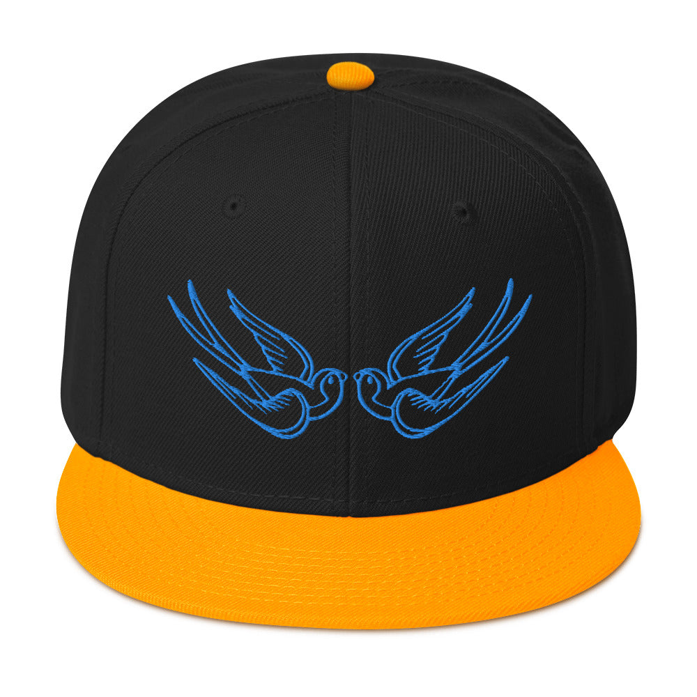 Blue Falling Sparrows Tattoo Style Bird Embroidered Flat Bill Cap Snapback Hat