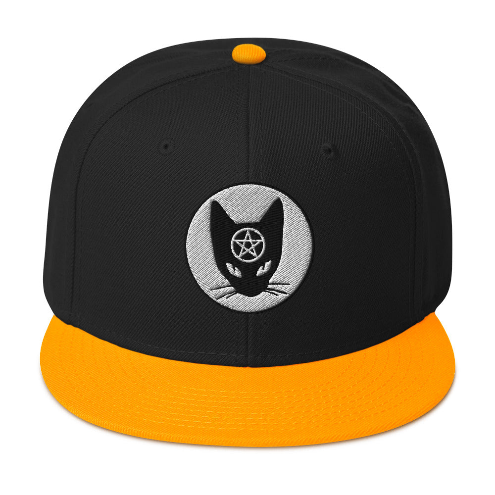 Black Cat Wiccan Pentagram Embroidered Flat Bill Cap Snapback Hat