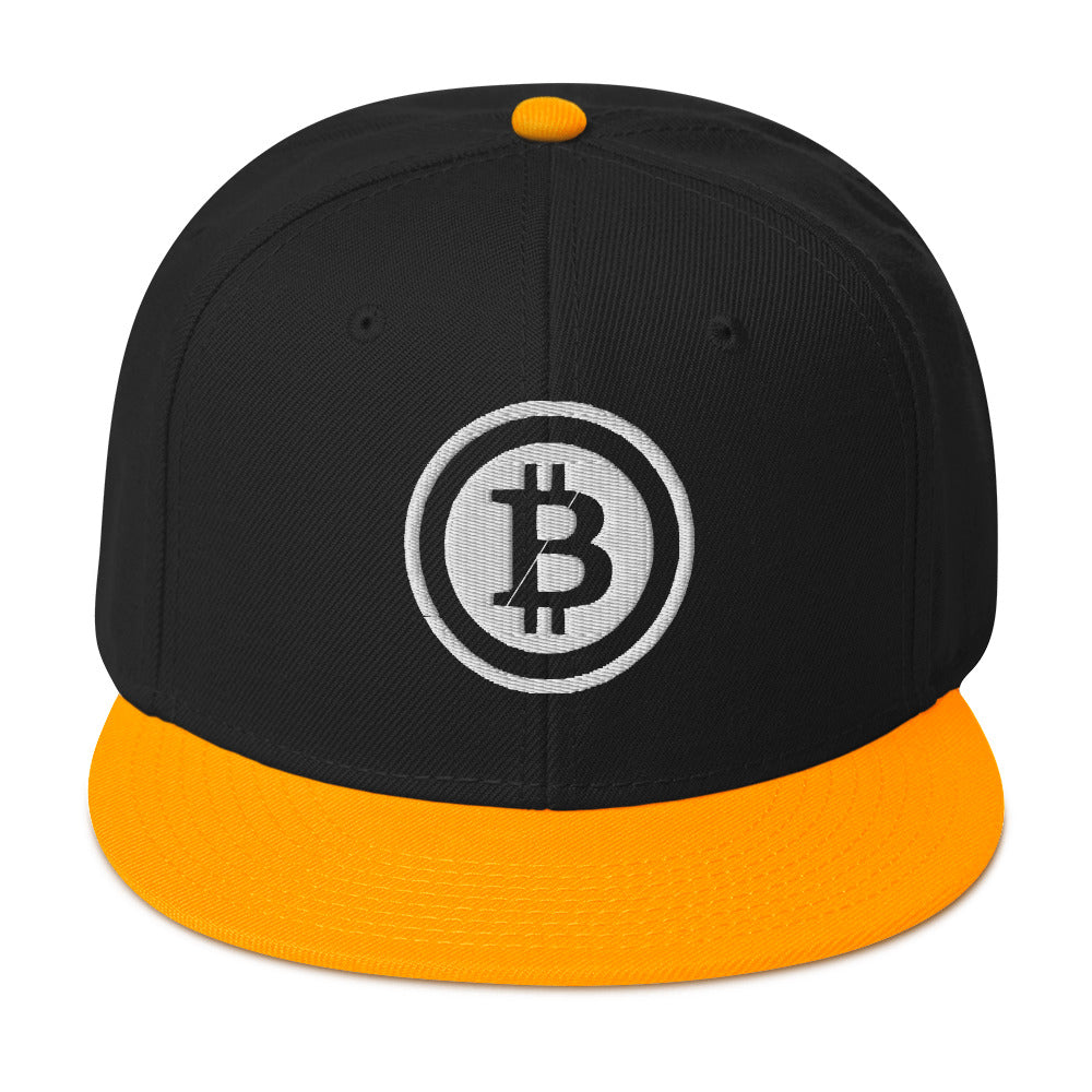 White Bitcoin Crypto Currency Symbol Ticker Embroidered Flat Bill Cap Snapback Hat