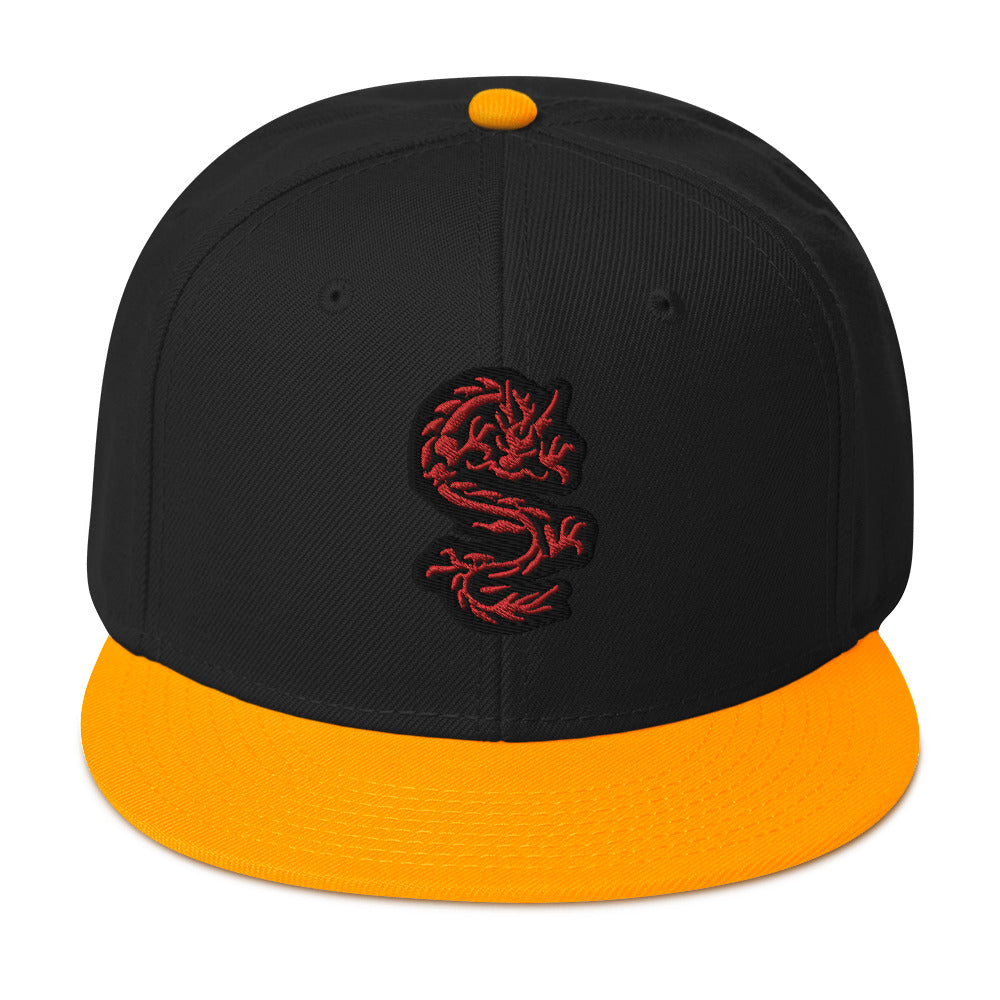 Red Ancient Chinese Dragon Embroidered Flat Bill Cap Snapback Hat