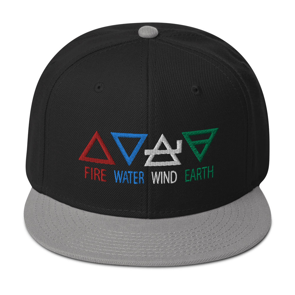 Four Elements of Matter: Fire, Water, Wind, Earth Embroidered Flat Bill Cap Snapback Hat